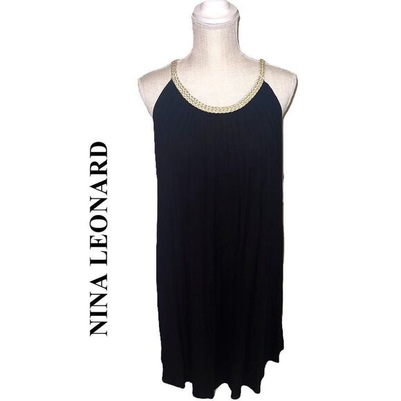 Nina Leonard Black Casual Swing Dress With Braided Gold Rope Detailing - Picture 1 of 14
